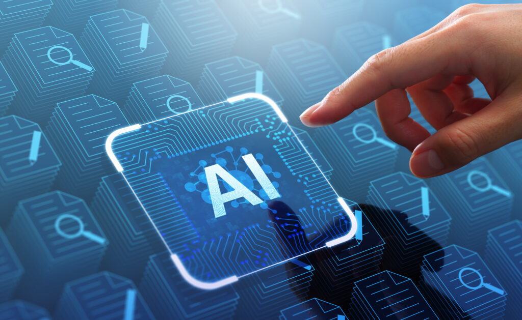 Generative AI artificial intelligence generate text document and abstract papers Man touching AI icon on electronic circuit board - Trade Info AI, fondy