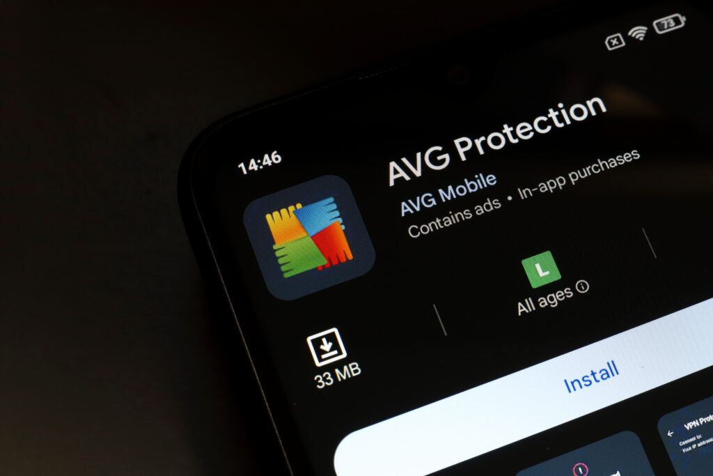 November 4 2024 Brazil In this photo illustration the AVG Protection app logo is displayed on a smartphone screen - Trade Info Karel Obluk, AVG