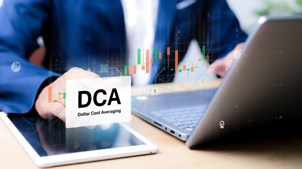 DCA Dollar cost averaging concept Investment strategy Regular investment Saving stock or savings on a monthly high-risk high return - Trade Info DCA, Dollar-Cost Averaging
