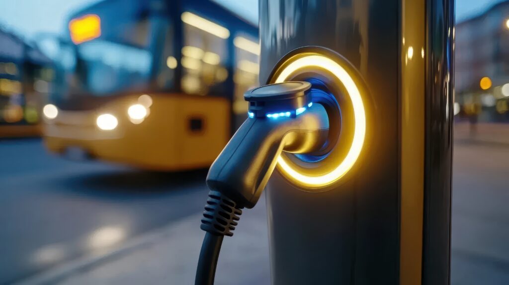Close-up of an electric vehicle charging station with a glowing connector with a blurred bus in the background at night - Trade Info Battswap