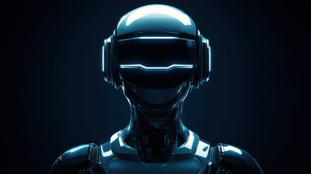 Futuristic robot head with VR headset close-up dark background - Trade Info AI, robotizácia, ekonomiku