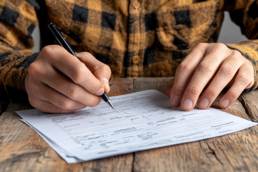 Close-up view of a person filling out a car insurance claim form on a rustic wooden table - Trade Info epojisteni.cz