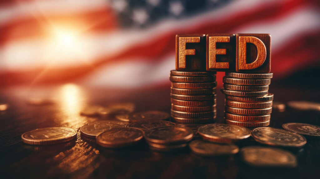 Federal reserve focus fed blocks on coins against american flag background business finance macro economy - Trade Info výsledky