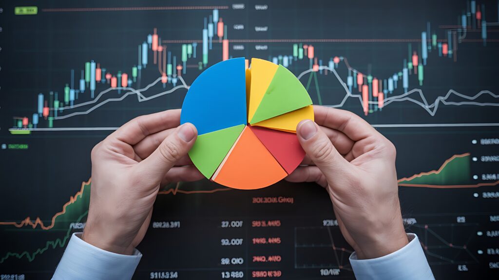 Investment portfolio management Diversified strategy using stocks bonds and commodities Pie chart and candlestick charts - Trade Info ICOM, komodity