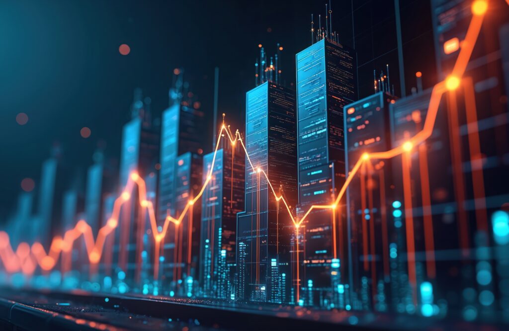Business graph chart with glowing line on stock trade market Growth investment with buildings in background Generative AI financial datum analysis exchange currency information with modern - Trade Info dolár
