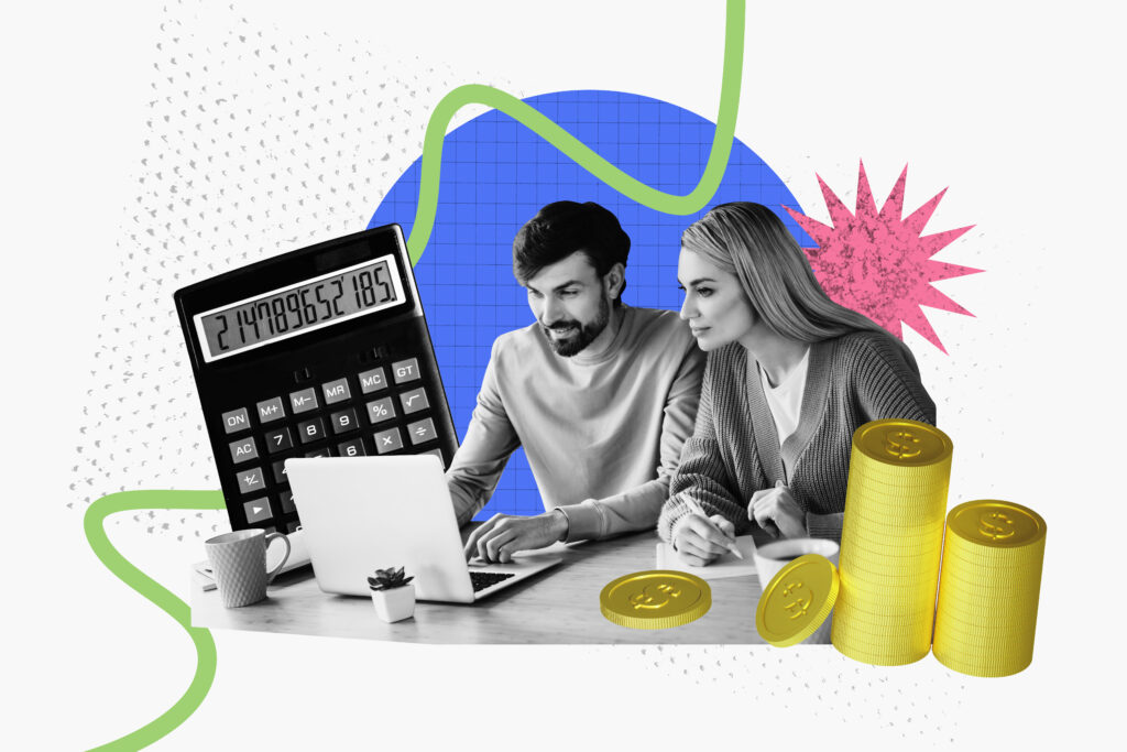 Creative design artwork collage of couple young lady man work together office manager calculator laptop income earnings budget cash bank - Trade Info Investice, rozpočet