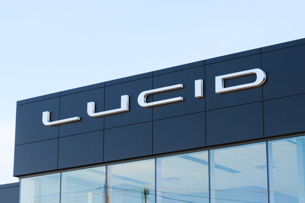 Seattle - February 06 2022 Sign on a building for the Lucid Motors brand and logo in Seattle against a clear sky - Trade Info Lucid, startup