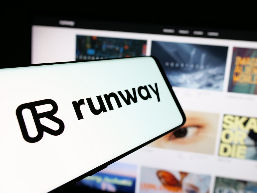 Stuttgart Germany - 01-30-2025 Smartphone with logo of US artificial intelligence company Runway AI Inc on screen in front of website Focus on center-left of phone display - Trade Info AI