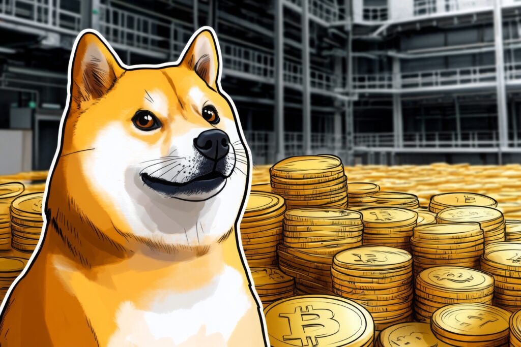 Doge cryptocurrency meme dog sitting on pile of coins humorous financial concept illustration - Trade Info meme