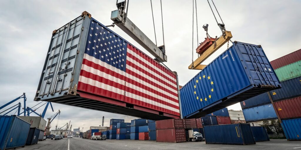 Sparks flying between two cargo containers with the american and EU flags representing trade war tarrifs and economic conflict - Trade Info USA, EÚ, container