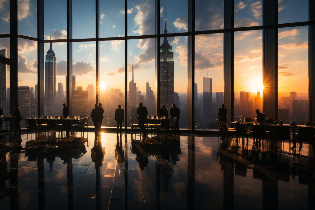 Geschäftsleute im Wolkenkratzer vor dem Fenster mit Blick auf der Skyline - Trade Info USA