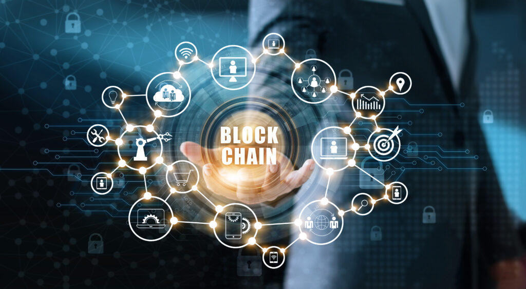 Blockchain technology and network concept Businessman holding t - Trade Info Blockchain
