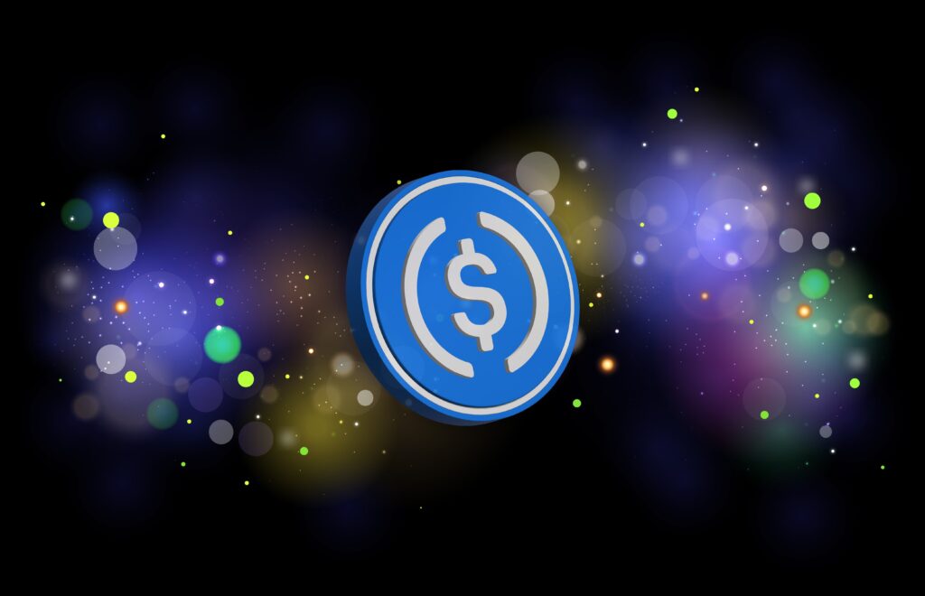 USDC virtual currency images on digital background 3d illustrations - Trade Info Visa, Visa Direct, stablecoinech