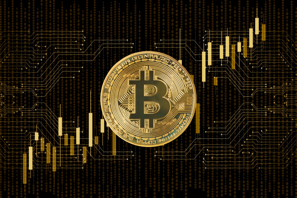 bitcoin on abstract printed circuits and bargraph on black background - Trade Info Bitcoin, Token, USD