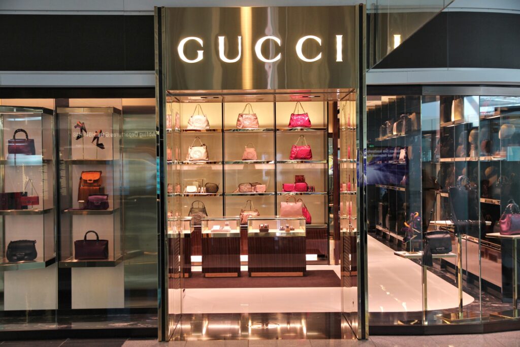 MUNICH GERMANY - APRIL 1 2014 Gucci store at Munich International Airport in Germany The fashion company founded in 1921 is among most recognized luxury brands in the world - Trade Info Obchod Gucci