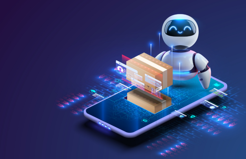 Friendly robot delivering a cardboard package hovering above a glowing smartphone with holographic interfaces.