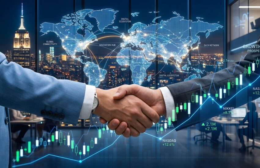 Two businesspeople shake hands with a glowing world map and financial charts in the background, symbolizing global partnership and finance.