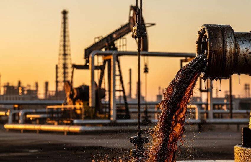 Oil spill leaking from a rusty industrial pipe at an oil refinery during sunset.