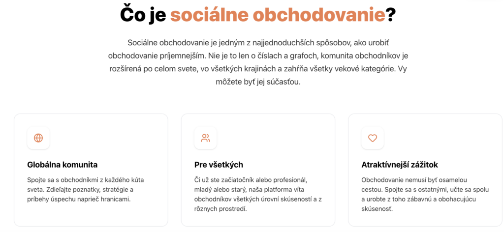 Snímek obrazovky 2026-06-02 v 112322 - Trade Info Sociálne obchodovanie: stručný úvod a tri kartičky s názvami Globálna komunita, Pre všetkých, Atraktívnejší zážitok