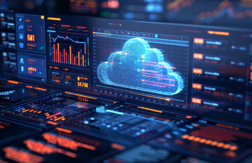 Futuristic data dashboard with graphs and a glowing blue cloud illustration representing cloud computing.