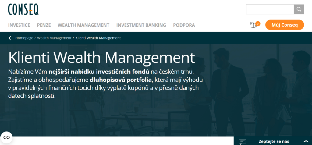 image - Trade Info Hero banner: title 'Klienti Wealth Management' with Czech description about investment funds and bond portfolios.