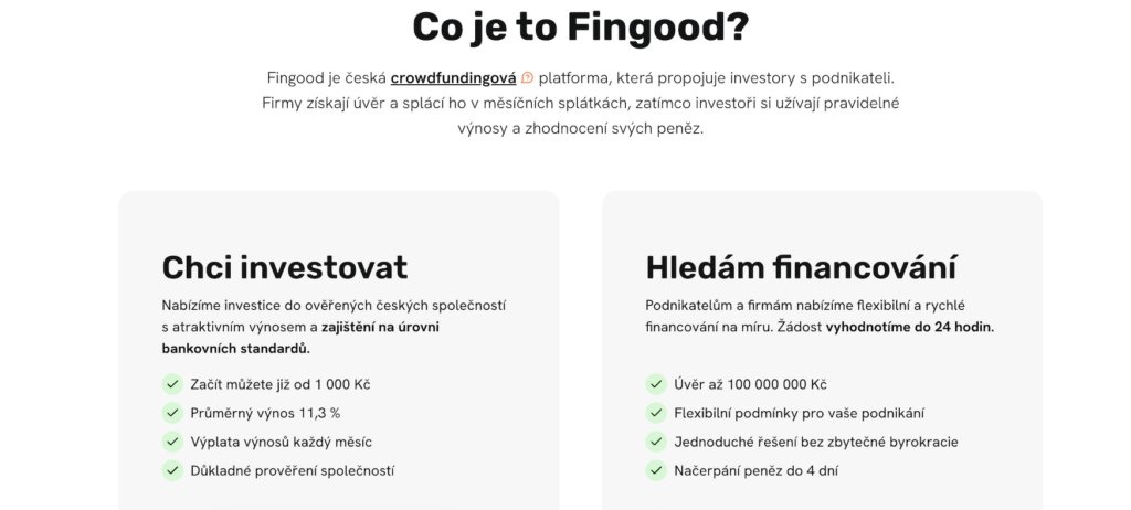 image - Trade Info - Forex.sk Hero section introducing Fingood with two panels:'Chci investovat' and 'Hledám financování'.