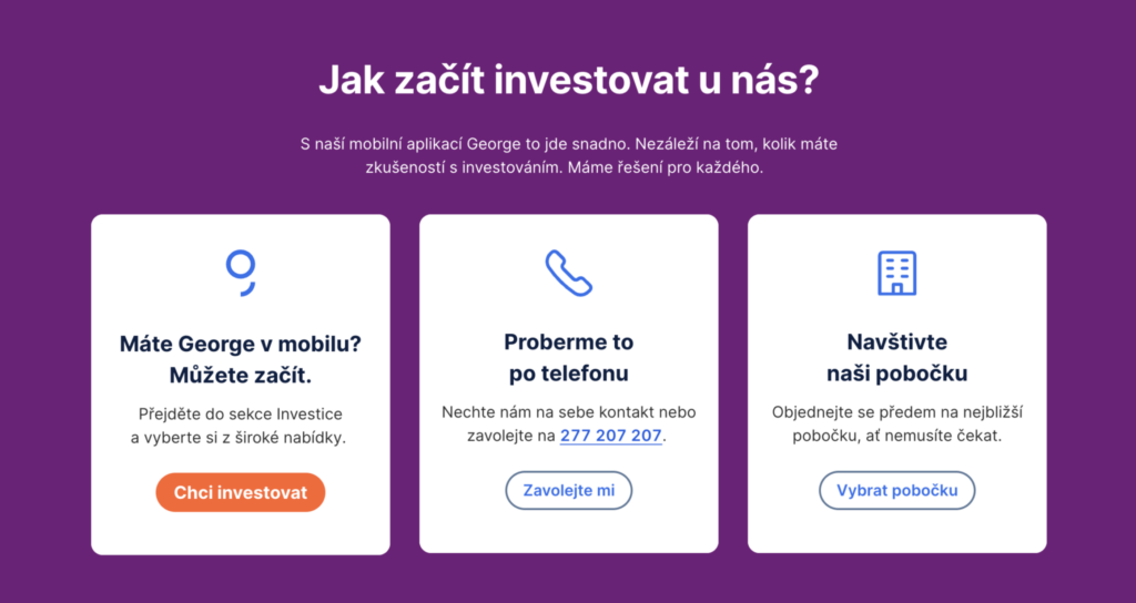 image - Trade Info - Forex.sk Hero section in Czech: title asks how to start investing, with three white cards offering'use George on mobile', 'we'll discuss by phone', and 'visit our branch' on a purple page background.