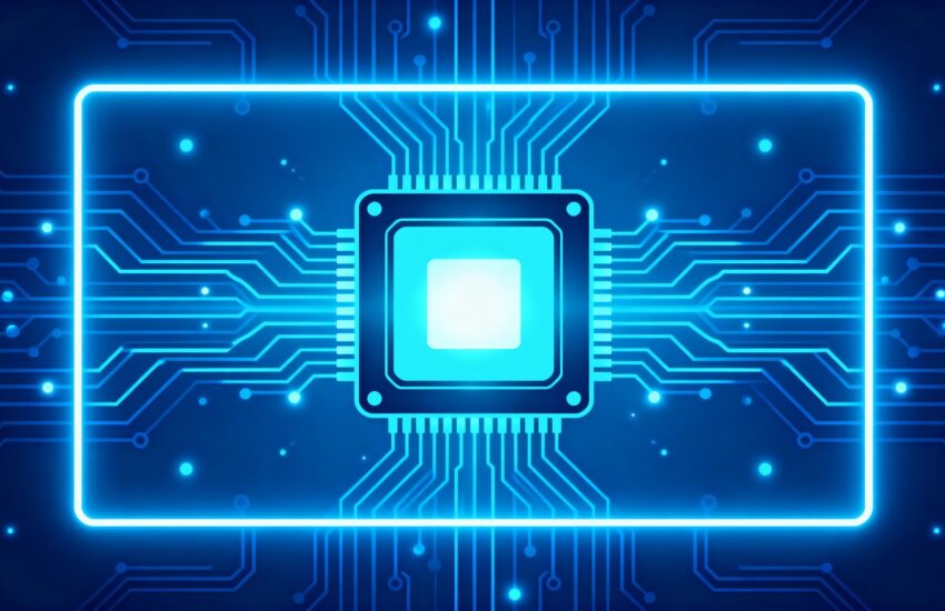 Neon blue microchip at center with glowing circuit traces and a bright rectangular frame, symbolizing computing hardware.