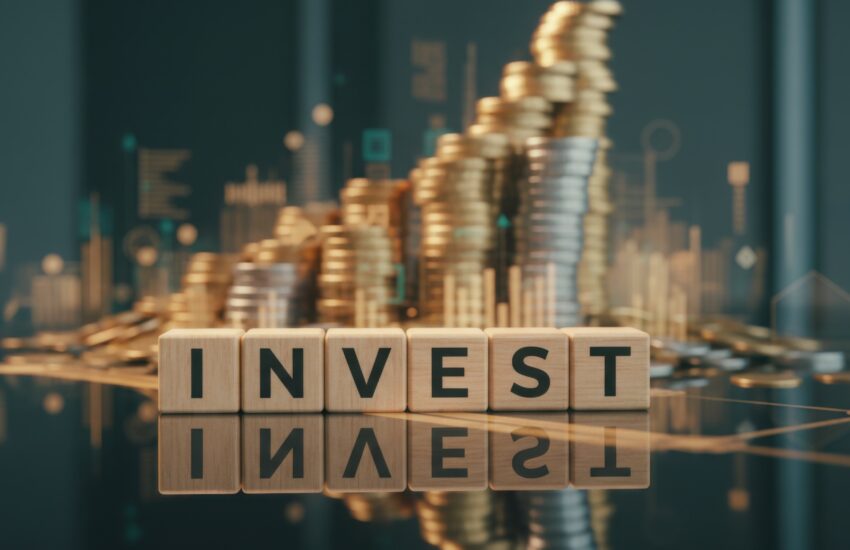 Wooden letter blocks spell INVEST with a blurred background of gold coins and financial graphs, highlighting investing.
