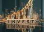 Wooden letter blocks spell INVEST with a blurred background of gold coins and financial graphs, highlighting investing.