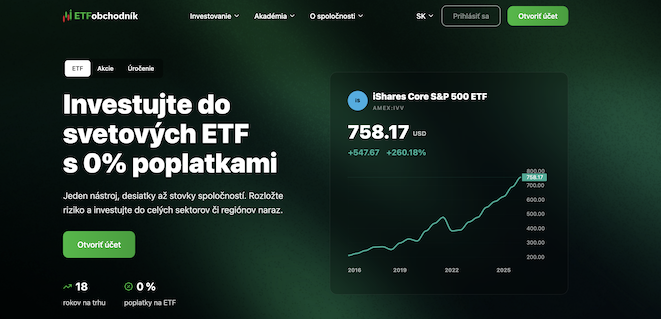 Web - slovenština - Trade Info Hlavná stránka finančného webu s nadpisom Investujte do svetových ETF s 0% poplatkami, zelené tlačidlo Otvoriť účet a graf rastu ETF na tmavom pozadí.