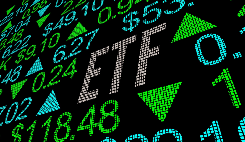 image - Trade Info Abstract stock market graphic featuring the word ETF with green and blue numeric data and arrows, representing finance.