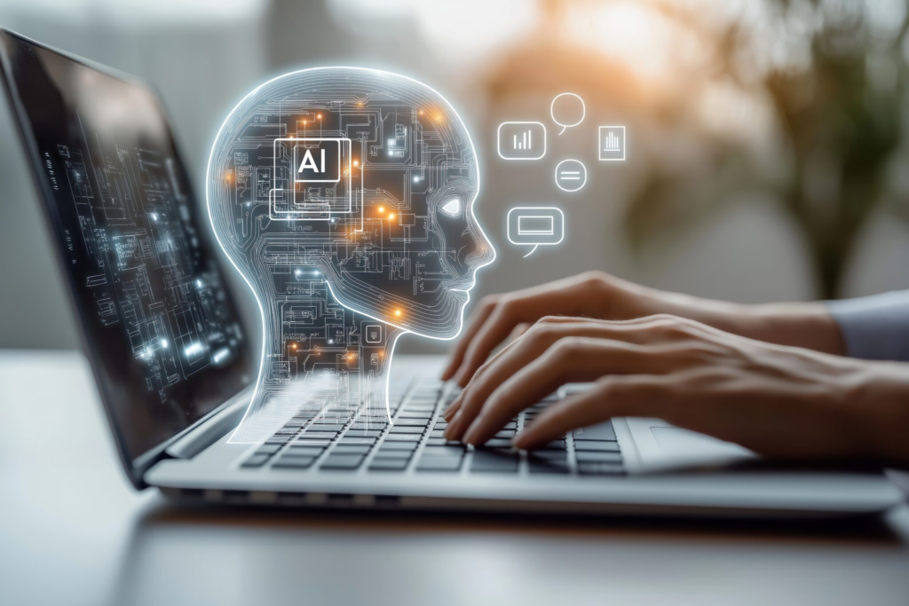 image - Trade Info Holographic AI brain over a laptop keyboard with hands typing and floating tech icons nearby, portraying artificial intelligence work.