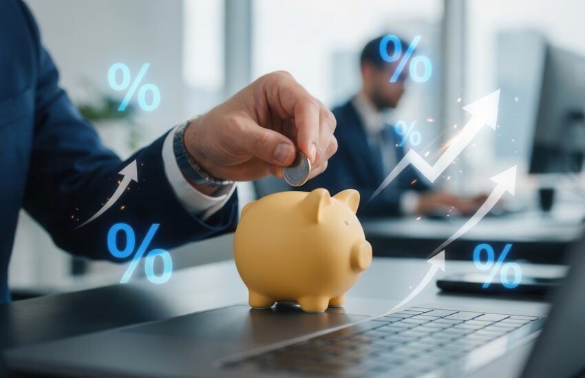 Person saving money by inserting a coin into a piggy bank on a laptop, with blue percent symbols and rising arrows.