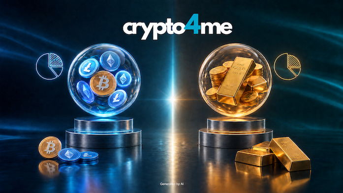 Crypto4.me logo above two glass spheres: left sphere with blue crypto coins, right sphere with gold bars, on a dark futuristic background.