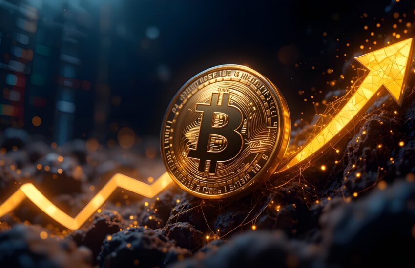 Gold Bitcoin coin with an upward glowing arrow, symbolizing rising cryptocurrency value in a dark, tech-style scene.