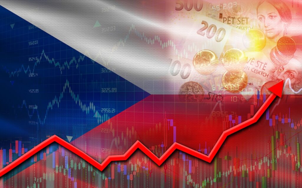 image - Trade Info Czech flag overlaid with stock charts, coins and a bold red line rising to indicate economic growth in the Czech Republic.