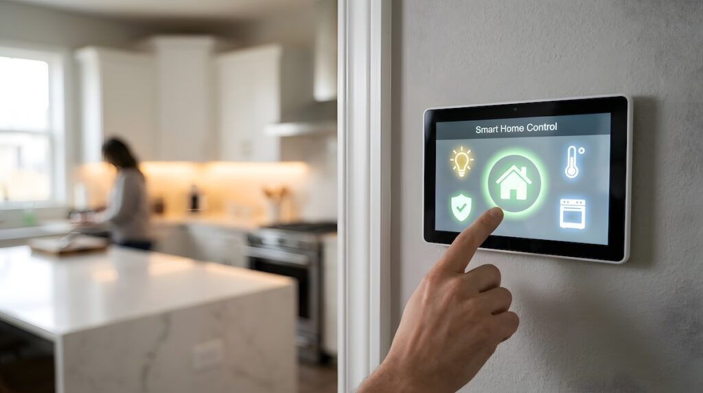 Finger touching a wall-mounted smart home control panel displaying a home icon, with a kitchen in the background.