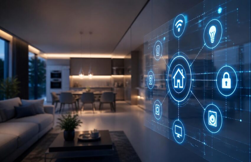 Living room with a blue holographic smart home dashboard projecting icons for Wi‑Fi, lights, lock, camera, and devices.