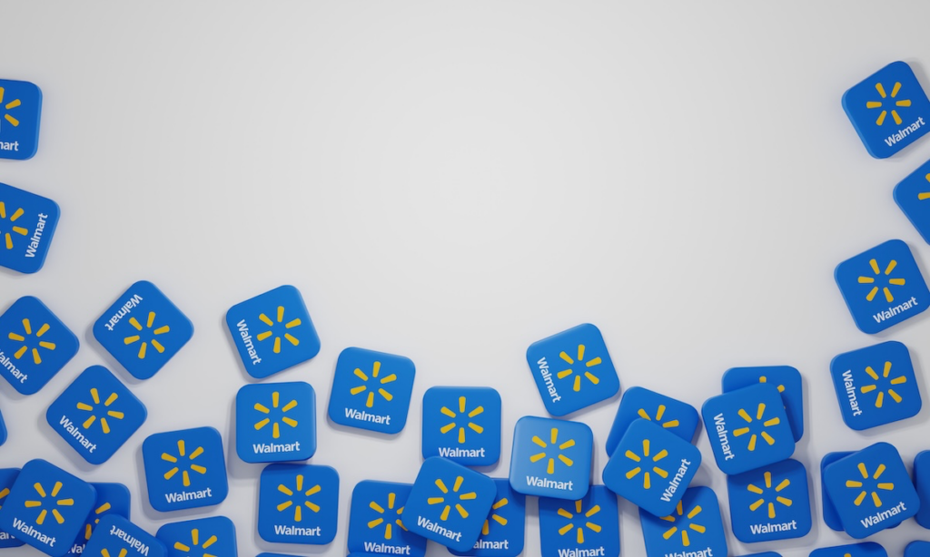 Blue square Walmart icons with the yellow spark logo scattered along the bottom edge of a light background.